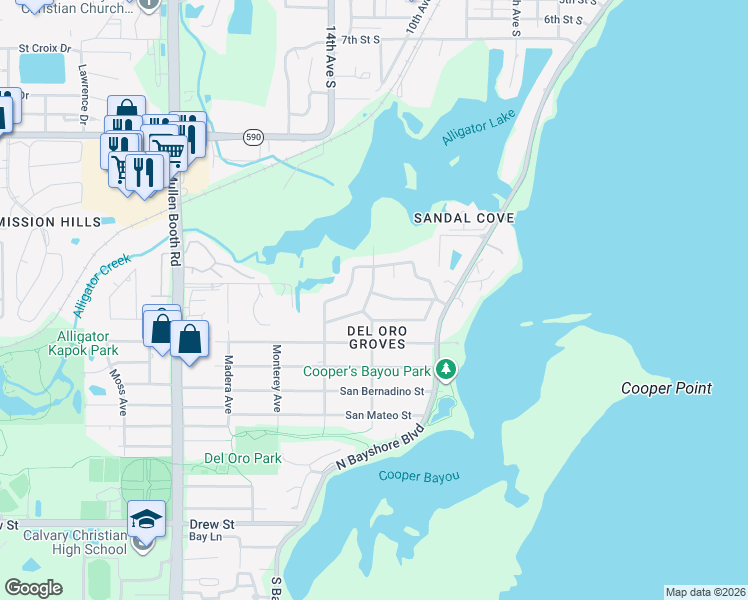 map of restaurants, bars, coffee shops, grocery stores, and more near 3301 San Gabriel Street in Clearwater