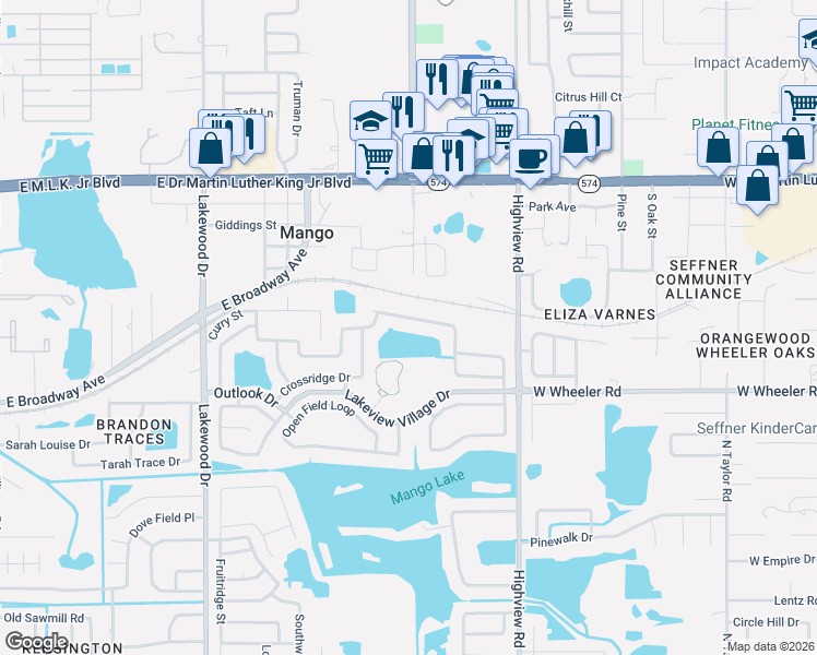 map of restaurants, bars, coffee shops, grocery stores, and more near 1531 Thistledown Drive in Brandon