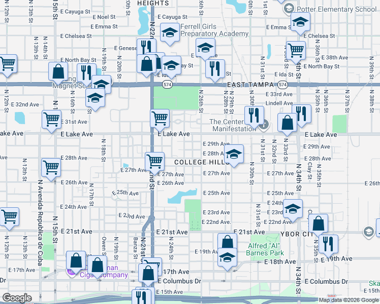map of restaurants, bars, coffee shops, grocery stores, and more near 3520 North 26th Street in Tampa