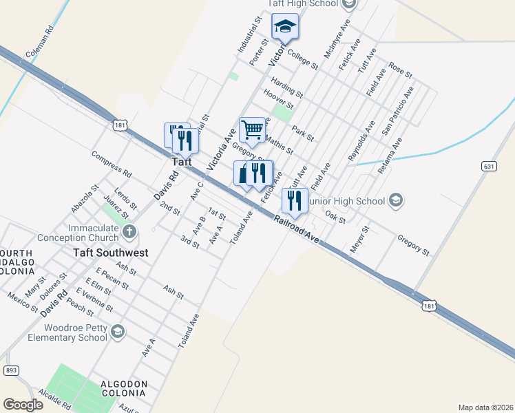 map of restaurants, bars, coffee shops, grocery stores, and more near 702 U.S. 181 in Taft