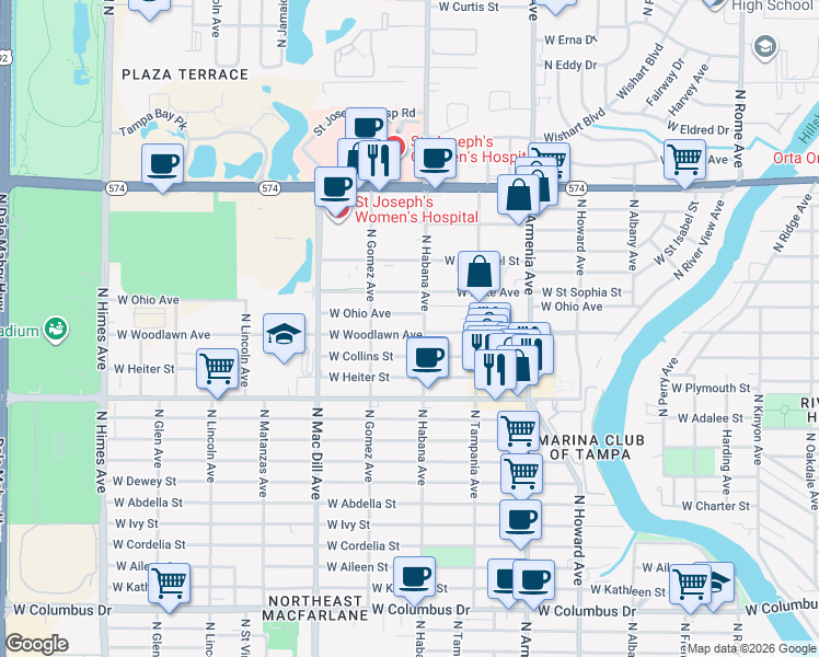 map of restaurants, bars, coffee shops, grocery stores, and more near 2805 West Woodlawn Avenue in Tampa