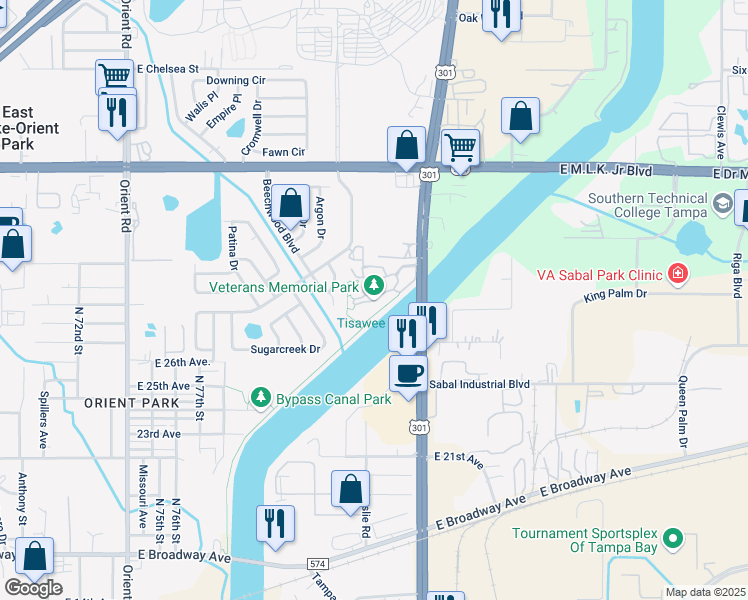 map of restaurants, bars, coffee shops, grocery stores, and more near 3602 U.S. 301 in Tampa