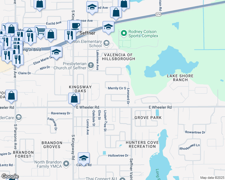 map of restaurants, bars, coffee shops, grocery stores, and more near 2339 Merrily Circle South in Seffner