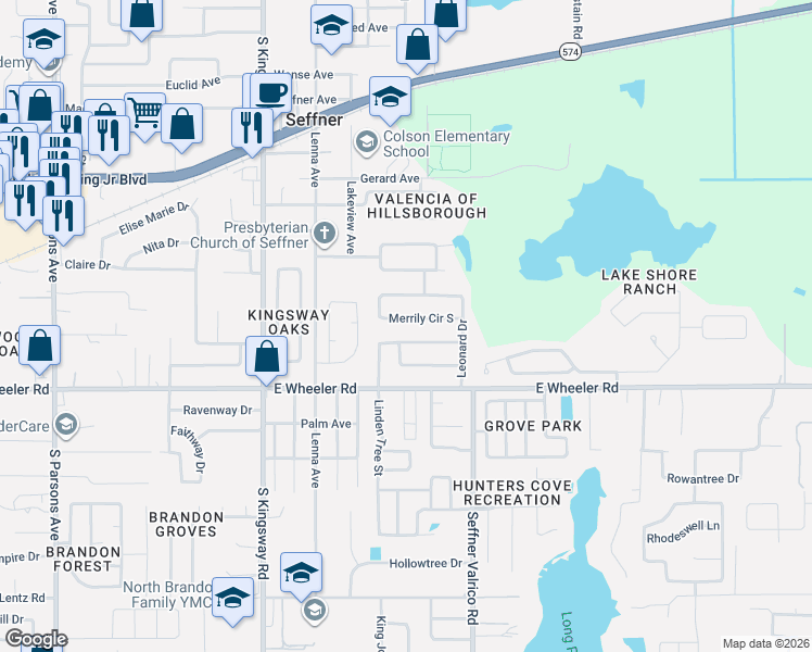 map of restaurants, bars, coffee shops, grocery stores, and more near 2339 Merrily Circle South in Seffner