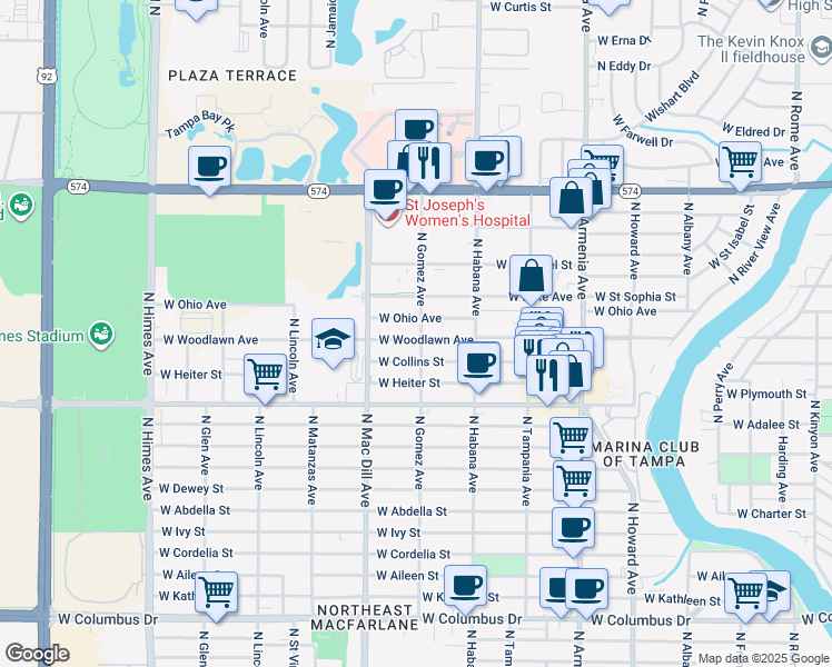 map of restaurants, bars, coffee shops, grocery stores, and more near 2901 West Woodlawn Avenue in Tampa