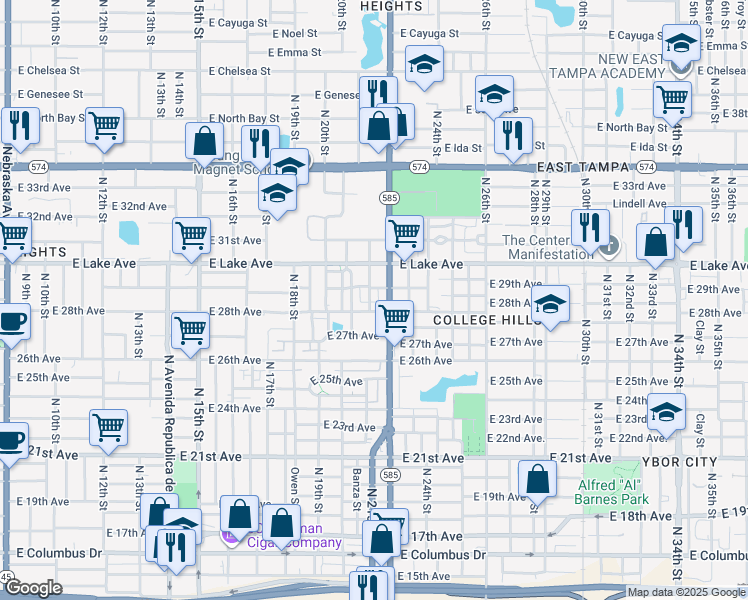 map of restaurants, bars, coffee shops, grocery stores, and more near 3515 North 21st Street in Tampa