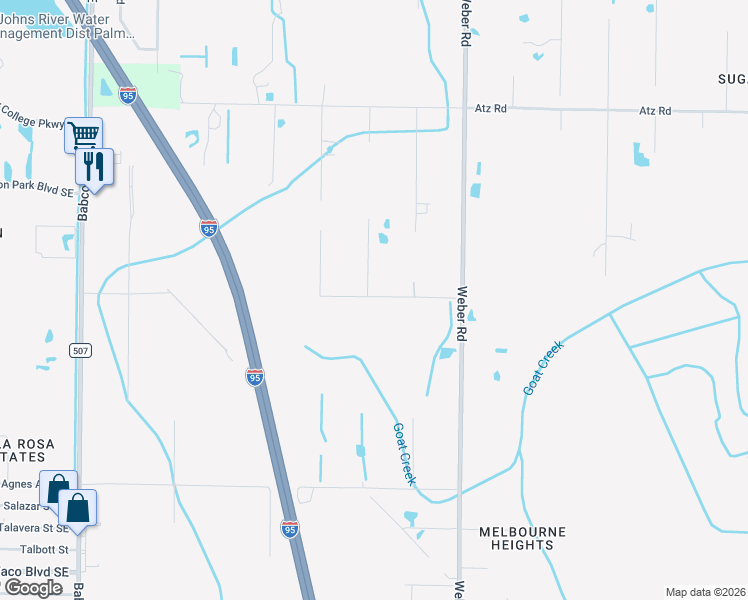 map of restaurants, bars, coffee shops, grocery stores, and more near 2885 Hard Way Lane in Malabar