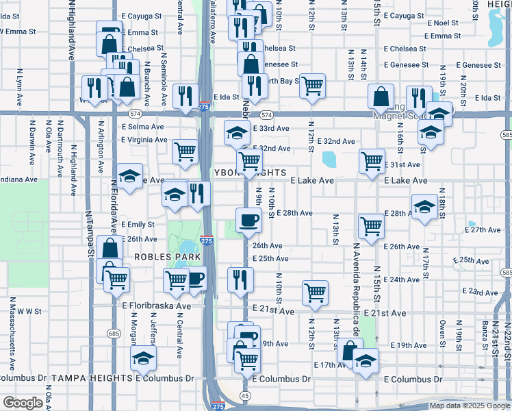 map of restaurants, bars, coffee shops, grocery stores, and more near 3506 North 9th Street in Tampa