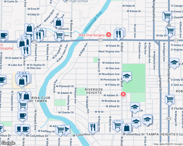 map of restaurants, bars, coffee shops, grocery stores, and more near 915 West Woodlawn Avenue in Tampa