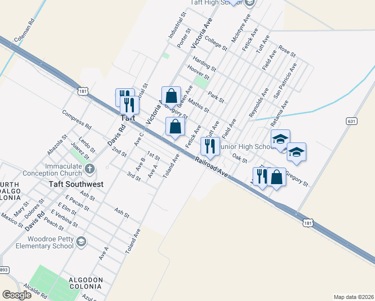 map of restaurants, bars, coffee shops, grocery stores, and more near 702 U.S. 181 in Taft