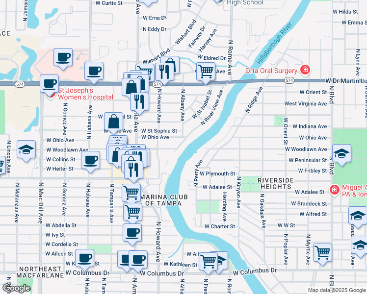 map of restaurants, bars, coffee shops, grocery stores, and more near 4039 North River View Avenue in Tampa