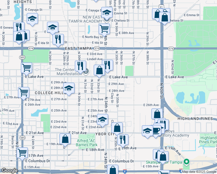 map of restaurants, bars, coffee shops, grocery stores, and more near 3509 1/2 North 34th Street in Tampa