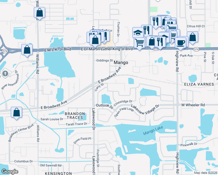 map of restaurants, bars, coffee shops, grocery stores, and more near 1690 Palm Leaf Drive in Brandon