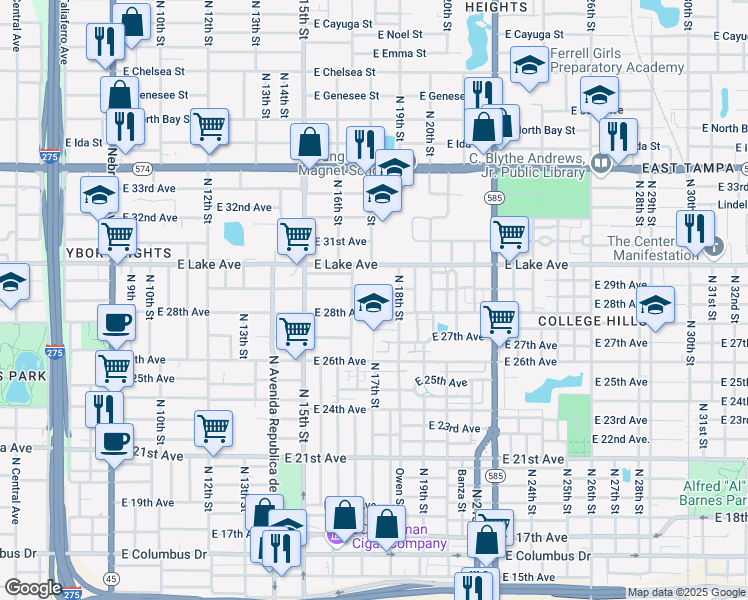 map of restaurants, bars, coffee shops, grocery stores, and more near 1611 East 29th Avenue in Tampa