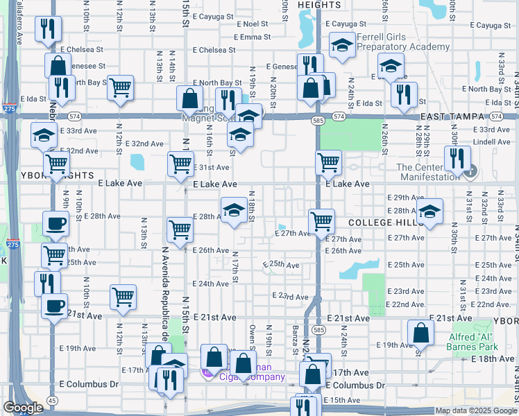 map of restaurants, bars, coffee shops, grocery stores, and more near 3516 Sarah Street in Tampa
