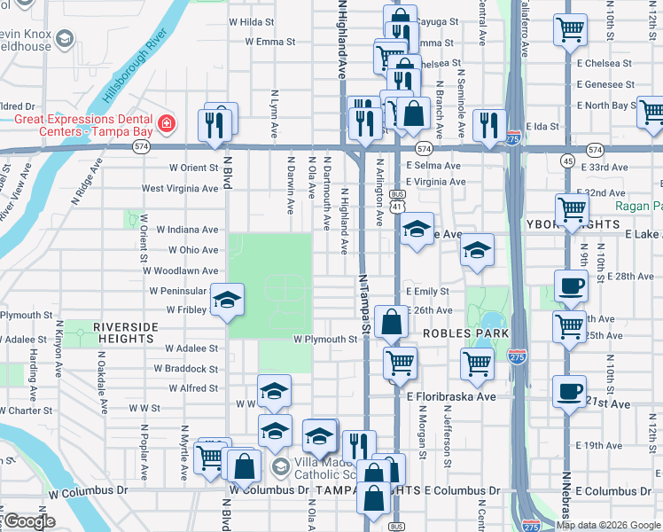 map of restaurants, bars, coffee shops, grocery stores, and more near 3505 North Dartmouth Avenue in Tampa