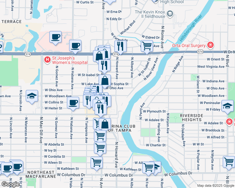 map of restaurants, bars, coffee shops, grocery stores, and more near 4101 North Howard Avenue in Tampa