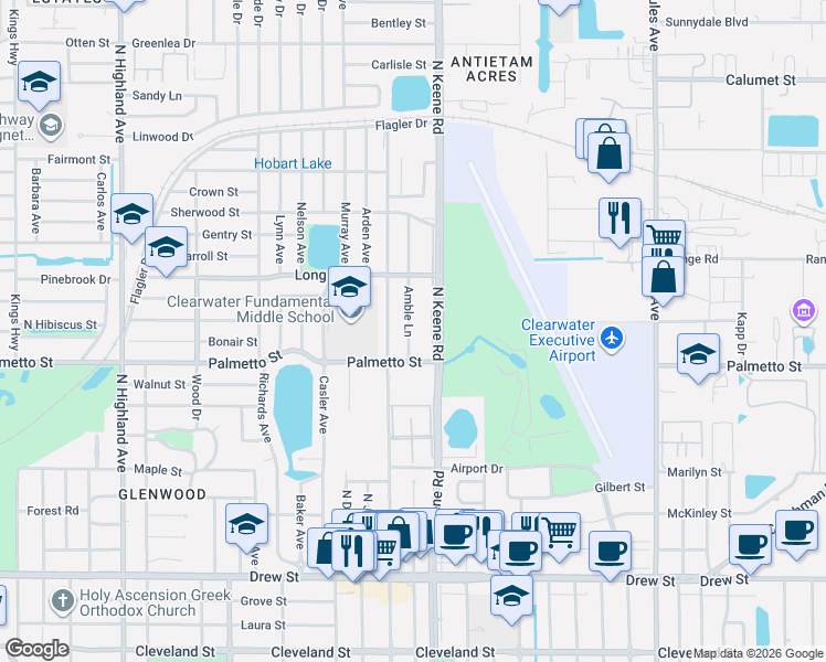 map of restaurants, bars, coffee shops, grocery stores, and more near 1019 Amble Lane in Clearwater