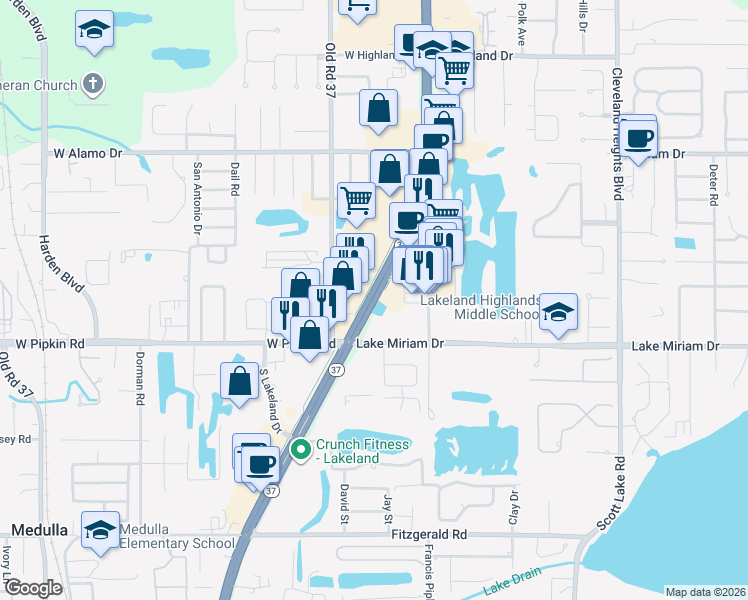 map of restaurants, bars, coffee shops, grocery stores, and more near 4828 South Florida Avenue in Lakeland