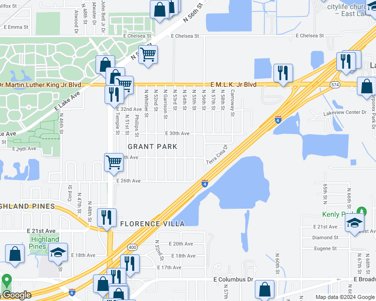 map of restaurants, bars, coffee shops, grocery stores, and more near 3607 North 54th Street in Tampa