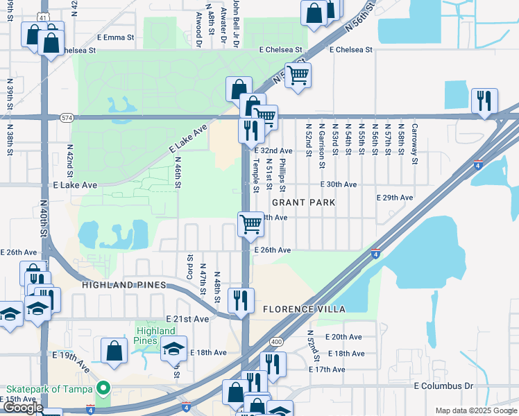 map of restaurants, bars, coffee shops, grocery stores, and more near 3612 Temple Street in Tampa