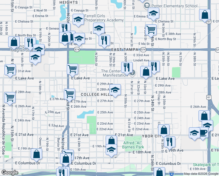 map of restaurants, bars, coffee shops, grocery stores, and more near 3515 1/2 North 29th Street in Tampa