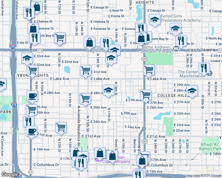 map of restaurants, bars, coffee shops, grocery stores, and more near 1611 East 29th Avenue in Tampa