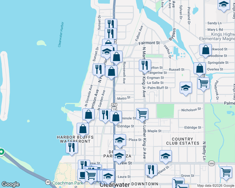 map of restaurants, bars, coffee shops, grocery stores, and more near 802 Jurgens Street in Clearwater