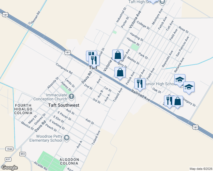 map of restaurants, bars, coffee shops, grocery stores, and more near in Taft