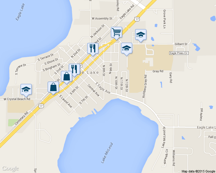 map of restaurants, bars, coffee shops, grocery stores, and more near 965 North 9th Street in Eagle Lake