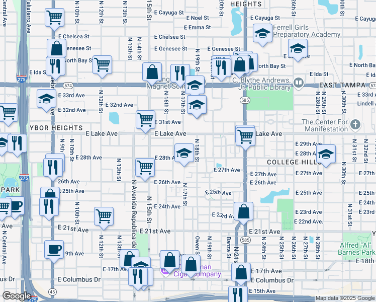 map of restaurants, bars, coffee shops, grocery stores, and more near 1611 East 29th Avenue in Tampa
