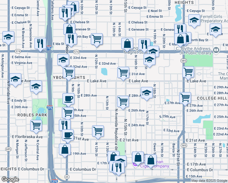 map of restaurants, bars, coffee shops, grocery stores, and more near 3508 North Avenida Republica de Cuba in Tampa