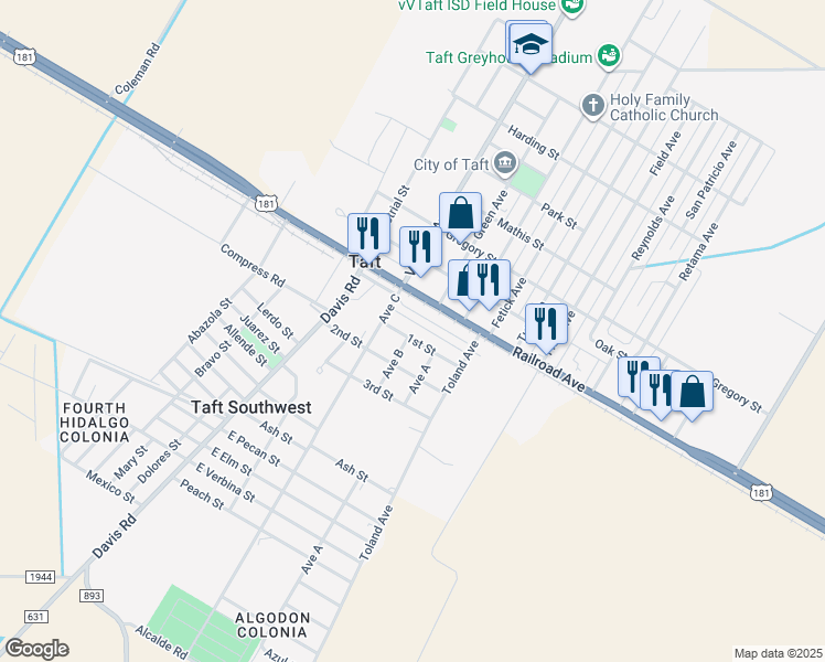 map of restaurants, bars, coffee shops, grocery stores, and more near 424 1st Street in Taft