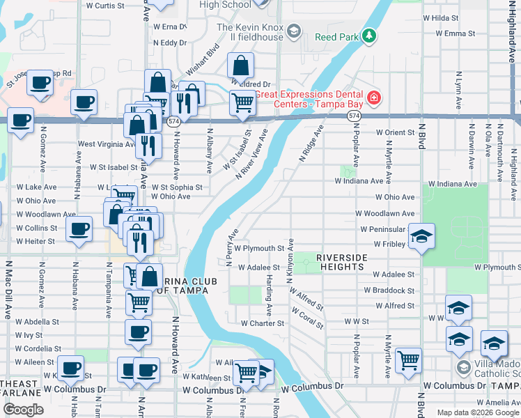 map of restaurants, bars, coffee shops, grocery stores, and more near 3502 North Ridge Avenue in Tampa