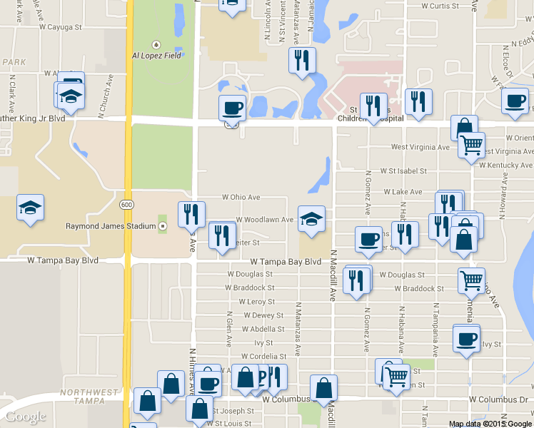 map of restaurants, bars, coffee shops, grocery stores, and more near 3321 West Woodlawn Avenue in Tampa