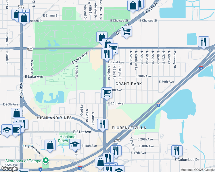 map of restaurants, bars, coffee shops, grocery stores, and more near 3612 Temple Street in Tampa