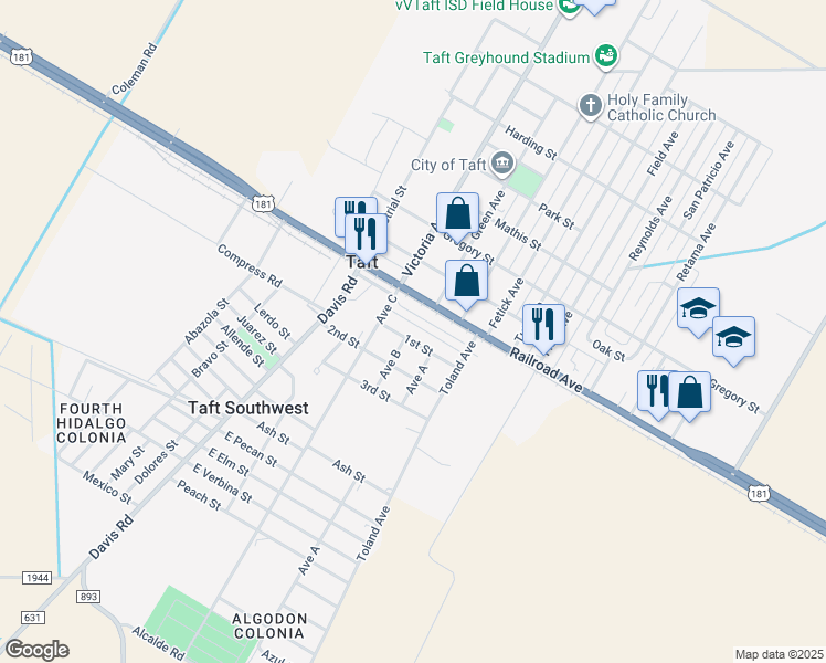map of restaurants, bars, coffee shops, grocery stores, and more near 424 1st St in Taft