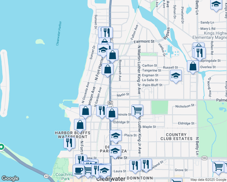 map of restaurants, bars, coffee shops, grocery stores, and more near 802 Jurgens Street in Clearwater