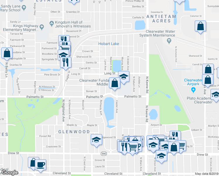 map of restaurants, bars, coffee shops, grocery stores, and more near 1102 Macrae Avenue in Clearwater