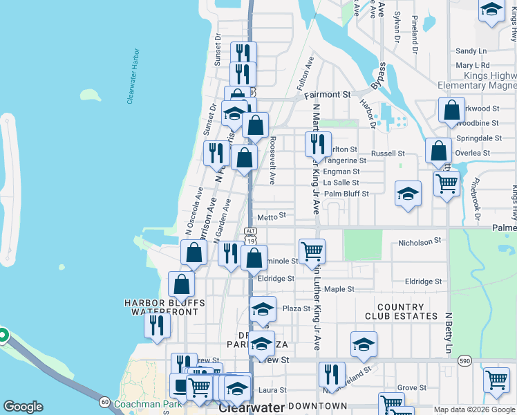 map of restaurants, bars, coffee shops, grocery stores, and more near 802 Jurgens Street in Clearwater