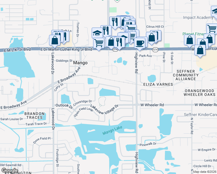 map of restaurants, bars, coffee shops, grocery stores, and more near 1535 Thistledown Drive in Brandon