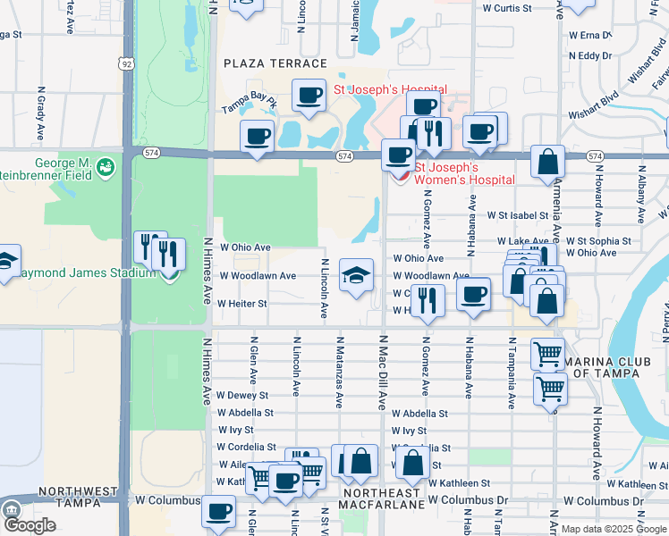 map of restaurants, bars, coffee shops, grocery stores, and more near 3213 West Woodlawn Avenue in Tampa