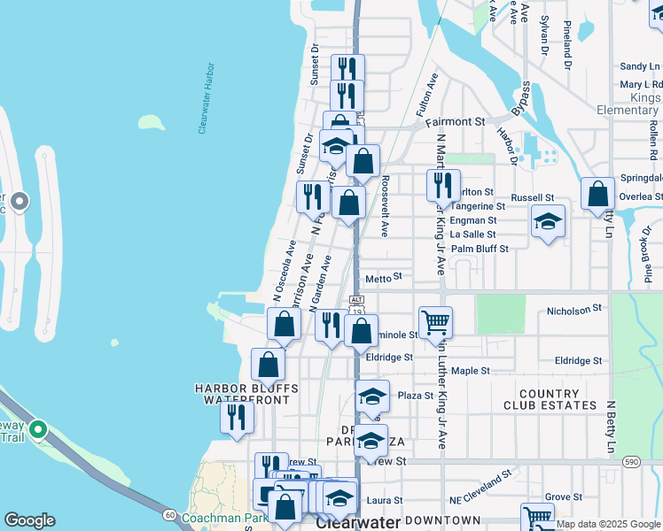 map of restaurants, bars, coffee shops, grocery stores, and more near 1011 North Garden Avenue in Clearwater