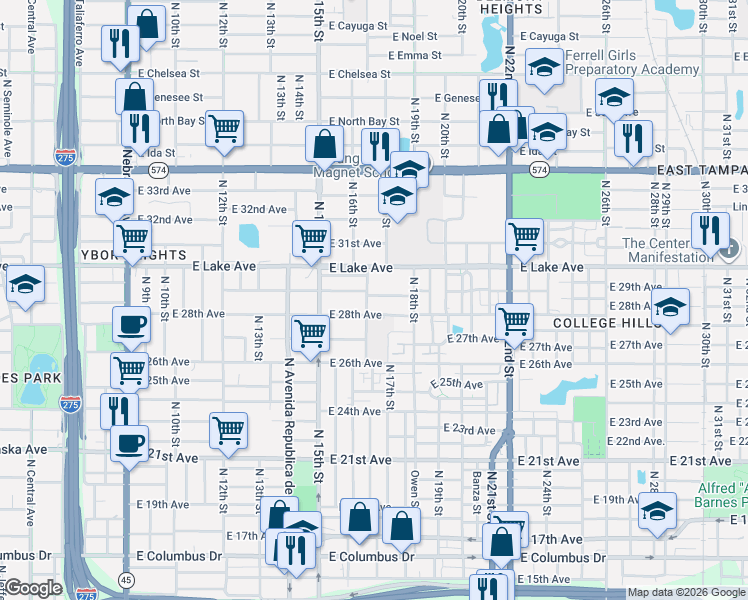 map of restaurants, bars, coffee shops, grocery stores, and more near 1611 East 29th Avenue in Tampa