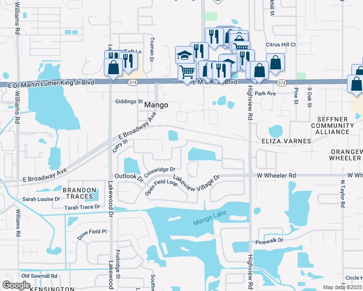 map of restaurants, bars, coffee shops, grocery stores, and more near 1604 Palm Leaf Drive in Brandon