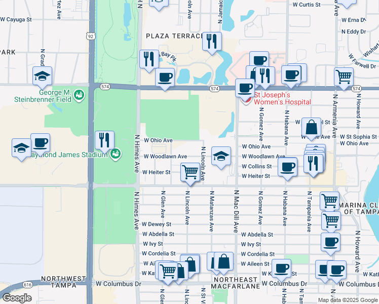 map of restaurants, bars, coffee shops, grocery stores, and more near 3321 West Woodlawn Avenue in Tampa