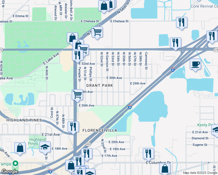map of restaurants, bars, coffee shops, grocery stores, and more near 3607 North Garrison Street in Tampa