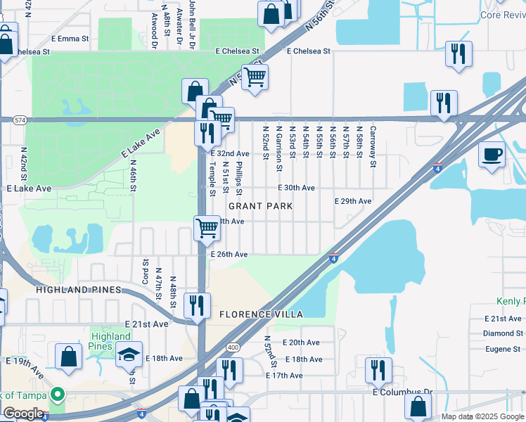 map of restaurants, bars, coffee shops, grocery stores, and more near 3608 North 52nd Street in Tampa