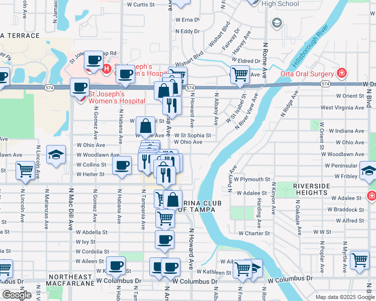 map of restaurants, bars, coffee shops, grocery stores, and more near 4102 North Howard Avenue in Tampa