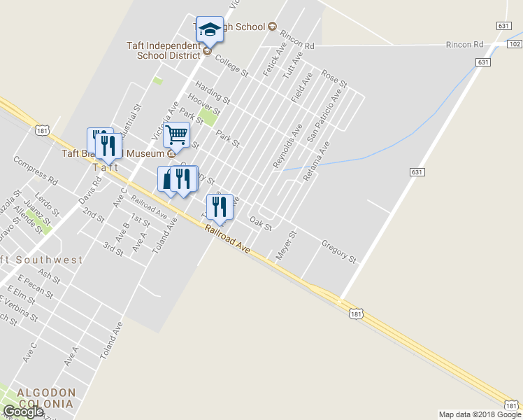 map of restaurants, bars, coffee shops, grocery stores, and more near 925 Gregory Street in Taft
